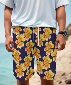 Yellow Watercolor Lily Pattern Print Men's Cargo Shorts