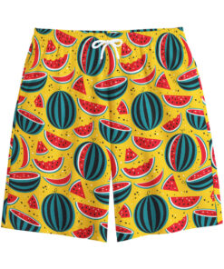 Yellow Watermelon Pieces Pattern Print Cotton Shorts