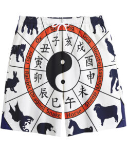 Yin Yang Chinese Zodiac Wheel Print Cotton Shorts