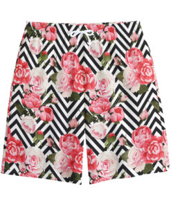 Zigzag Peony And Rose Pattern Print Cotton Shorts