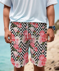 Zigzag Peony And Rose Pattern Print Men's Cargo Shorts